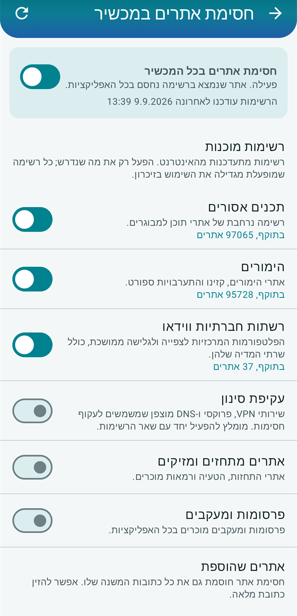 מסך חסימת אתרים במכשיר, ובו הרשימות המוכנות לתכנים אסורים, הימורים, רשתות חברתיות ועקיפת סינון