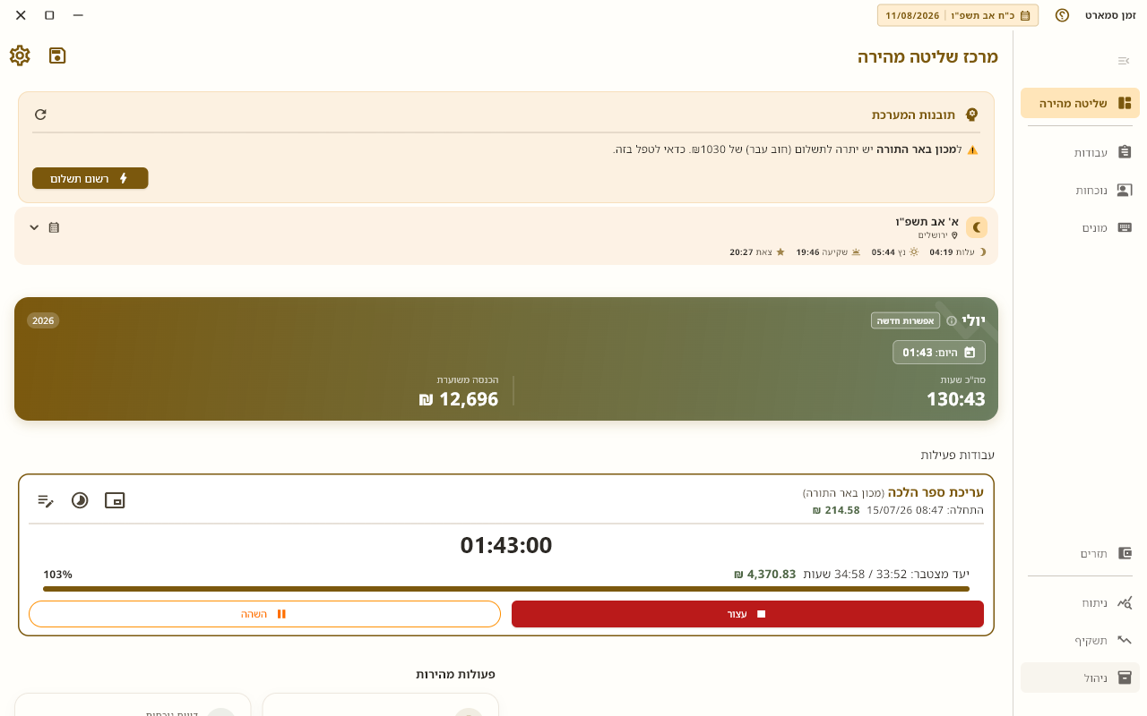 מרכז השליטה של תוכנת זמן — סיכום שעות, הכנסה משוערת, טיימר פעיל וזמני היום